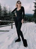 Fashionkova Articat Elegant Long Sleeved Fishbone Elastic Tight Jumpsuit For Women Sexy V-neck Slim Long Jumpsuit Casual Outdoor Rompers