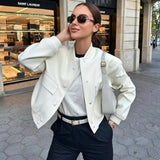 Fashionkova Woman Bomber Jacket Coat White Autumn Winter Button Baseball Aviator Cropped Jackets for Women Long Sleeve Crop Outerwear
