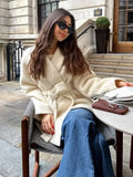 Fashionkova Christmas Gift Outfit  Women Fashion Lapel Full Sleeve Simple Coat Elegant White Woolen Blends Suit Jackets With Belt Lady Casual Highstreet Outerwear