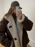 Fashionkova Christmas gift Christmas outfit Vintage Khaki Faux Leather Warm Thick Fluffy Coats Fashion Long Sleeve Big Lapel Single Button Outerwear 2024 Winter Lady Jacket