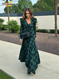 Fashionkova Christmas Gift Outfit  Vintage Green Plaid Long Sleeves V Neck Puff Maxi Dress Fashion High Waist Lady Dresses New 2025 Spring Commuter Street Vestidos