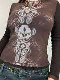 Fashionkova Rockmore Vintage Print Mesh Tops for Women Sexy See-through Patchwork Long Slevee T Shirt Autumn Y2K Fairycore Slim Fit T-shirts