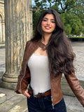 Fashionkova Chic Brown Stand Collar Full Sleeve Woman Short Leather Coat Retro Solid Color Zipper Slim Jacket 2024 New Fall Commuter Wears