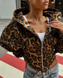 Fashionkova Christmas gift Christmas outfit 2024 Autumn Winter Fashion Leopard Irregular Cardigan Jacket Women Hooded Long Sleeve Zipper Casual Hipster Streetwear Coats