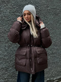 Fashionkova Christmas Gift Outfit Casual Solid Women Waist Drawstring Down Jackets Fashion Warm Long Sleeve Big Pockets Hoodie Coats Winter Thick Lady Streetwear