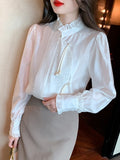 Fashionkova Office Lady Elegant Shirt New Arrival 2023 Autumn Fashion Korean Style Vintage Stand Collar Women Long Sleeve Tops Shirts W1366