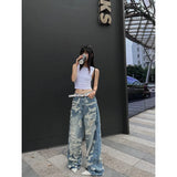 Fashionkova Women's Vintage Blue Ripped Jeans Baggy Denim Trousers 2000s High Waist Korean Y2k Streetwear Female Punk Wide Leg Pants Clothes