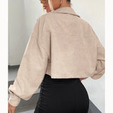 Fashionkova Spring Drop Shoulder Flap Detail Crop Corduroy Jacket Long Sleeve Chic Short Coats