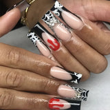 Fashionkova 24Pcs Long Coffin False Nails with Star Rhinestones Black Y2K Nail Art French Gradient Full Cover Press on Nail Tips for Girls