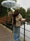 Fashionkova Christmas Gift outfit Khaki Flip Collar Zipper Warm Lamb Woolen Coat Elegant Solid Full Sleeve Short Jacket 2024 Autumn Woman New Commuter Wear