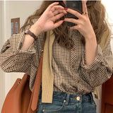 Fashionkova Plaid Shirts Women Retro Turn-down Collar Blouses All-match Straight Hong Kong Style Button Up Elegant Long Sleeve Outwear Femme