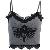 Sexy Lace Patchwork Transparant Back Body Crop Top Women Sleeveless Clubwear Gothic Style Skull Graphic Embroidery Black Camis