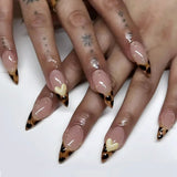 Fashionkova 24pcs Leopard Print Fake Nails with Glue Almond Acrylic Press on False Nails Gold Lines French Nail Tips Sweet Cool Autumn Nails