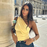 Fashionkova  Y2K Casaul Solid Color Summer Women T Shirt Pullover Slash Neck One Shoulder Sleeveless Crop Tops Ruched Slim Basic El