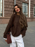 Fashionkova Fashion Round Neck Cashmere Long Sleeved Women's Pullover Solid Color Casual Vintage Sweater New Female Commuting Knitwear 2024