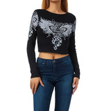 Fashionkova WPNAKS Women Gothic T-shirts Crop Tops Fall Winter y2k Clothes 2024 Fashion Classic Slim Long Sleeve Print Streetwear Tops
