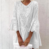 Fashionkova Elegant Hollow out Casual Party Dress Vacation Women V-neck Chic Sexy Dresses Flare Sleeve Office Ladies Cotton Linen Vestidos