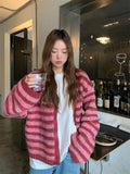 Fashionkova Korean style Women Red Streak Striped Cardigans Contrast Color V Neck Spring Autumn Cardigan Women Single Breasted Sweaters