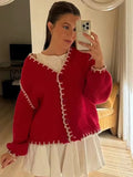 Fashionkova Women Striped Knitted Cardigan Elegant Single Breasted Contrast Color Loose V-neck Chic Sweater 2024 Autumn Street Red Coat Tops