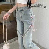 Fashionkova Christmas Gift Outfit  Jeans Women Harajuku Pink Bandage High Waist Denim Pants Casual Streetwear Y2K Vintage Korean Female Irregular Spliced Trousers