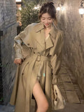 Fashionkova Autumn Winter Khaki Long Trench Coat for Women 2024 Jacket Elegant Outerwear Turn-down Collar Tie Belt Korean Chic Windbreaker