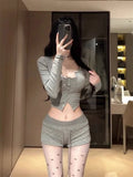 Fashionkova Japanese Kawaii 3 Piece Shorts Set Korean Sprot Suits Sexy 2024 Summer Sexy Long Sleeve Y2k Crop Tops Casual Party Short Pants