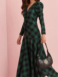 Fashionkova Christmas Gift Outfit  Vintage Green Plaid Long Sleeves V Neck Puff Maxi Dress Fashion High Waist Lady Dresses New 2025 Spring Commuter Street Vestidos