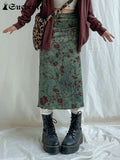 y2k Vintage Floral Printing Midi Skirts Women Harajuku Fairycore Green Straight Maxi Skirt Aesthetic Sweet Girl Clothes