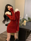 Fashionkova Christmas outfit 2023 Winter Christmas Knitted Sweater Dress Hooded Women Slim Bodycon Y2k Mini Dress Fur Female One Piece Dress Korean Elegant