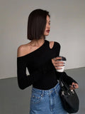 Fashionkova Fashion Skew Collar Off-shoulder Long-sleeved T-shirts Women Spring New Solid Slim Fit Crop Top Sexy Hollow Out Tees Shirts