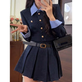 Fashionkova Elegant Two-piece Skirt Set Women Single Breasted Crop Top Pleated Mini Skirt Preppy Style Korean Fashion Autumn New Outfits