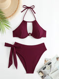 Fashionkova Christmas Gift 2024 Cut-out Push Up Bikini Solid Halter Swimsuit Women High Waist Swimwear Female Bathers Bathing Swimming Swim Suit Beachwear
