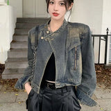Fashionkova Lucyever Vintage Streetwear Y2K Denim Jacket Female Korean Fashion Stand-Up Collar Short Coat Women 2024 New Long Sleeve Outwear