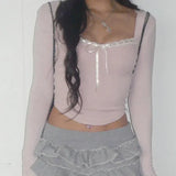 Pink Cute Casual Basic Irregular Knitted Tops Y2K Lace Ribbons Lace-up Bow Cropped Top Coquette Aesthetic Slim-fit Tees