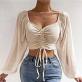 Fashionkova ALLUKASA Sexy Mesh Lantern Sleeves Drawstring Wrap Chest Bare Midriff T Shirt Women Long Sleeves Bottoming