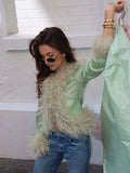 Fashionkova Christmas gift Christmas outfit Elegant Green Patchwork Feather Slim Fit Synthetic Fur Jacket Woman Splicing Long Sleeved V-neck Short Jacket Female Streetwear