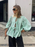 Fashionkova Casual Shirts Women Lace Up Loose Chic Puff Sleeves Soft Blouse Female 2024 Spring Summer Fashion All-match Bow Tops Lady