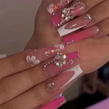 Fashionkova 24Pcs Long Coffin False Nails with Star Rhinestones Black Y2K Nail Art French Gradient Full Cover Press on Nail Tips for Girls