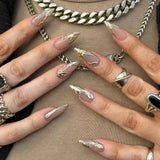 Fashionkova 24pc Metal geometry Irregular almond false nails press on hot girls y2k designs fake nails with 3D red ripple French ballet nail