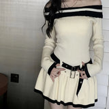 Fashionkova Y2K Slim Casual Knitted Mini Dresses Women Off Shoulder Elegant Korean Fashion Short Party Dress with Belt Autumn New Clothing