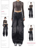 Fashionkova Women Vintage Black Gothic Cargo Jeans Y2k Wide Leg Denim Pants Oversize 2000s High Waist Jeans Korean Baggy Trousers 90s Jeans