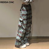 Fashionkova 90s Tartan Shirring Cargo Pants Women Dancer Hiphop Pockets Drawstring Waist Parachute Wide Pants Lounge Retro Clothes