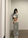 Fashionkova Women Korean Y2k Gyaru Outfits 2 Piece Set Patchwork Long Sleeve Cropped Hoodie + Elastic waist Long Trousers Baggy Sweat Pants