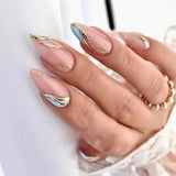 Fashionkova 24pcs French False Nails Almond Head Summer Style Glitter Design Fake Nail Patch Full Cover Wearable Women Press on Nail Tips