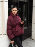 Fashionkova Christmas Gift Outfit Chic Solid Color Full Sleeve With Belt Warm Woman Cotton Coat Elegant Loose Short Jacket New Winter Commuter Down Coats