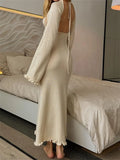 Fashionkova  Women Knitted Long Dress Long Flare Sleeve Backless Tie-up Round Neck Solid Color Ruffles Hem Dress Beachwear Vestido