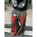 Fashionkova Autumn Women's Casual Retro Wide Leg Baggy Emo Denim Trouser Harajuku High Waist Loose Jeans Lady Green Striped Print Pants