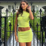 Fashionkova  Summer Women Sexy Dress Skirt Matching Y2K Two Piece Set Runched Mini Crop Tops Club Knitted Fashion Skirt Beach Set