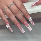 Fashionkova French Love Bow Decor Fake Nails Mid-length Coffin Ballet Press on Nail Korean Sweet 3D Flower Design Bride Lady Fake Nails