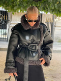 Fashionkova Women's Elegant Patchwork Fur Leather Jacket With Belt Fashion Thicken Warm Loose Coats Female Winter Casual Streetwear 2024 New